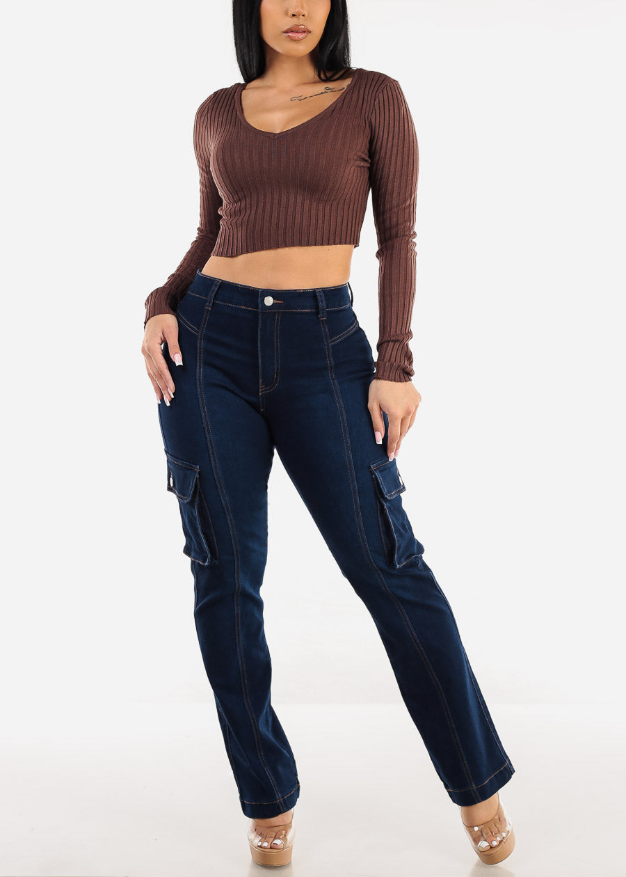 Butt Lift High Waist Straight Cargo Jeans Dark Blue