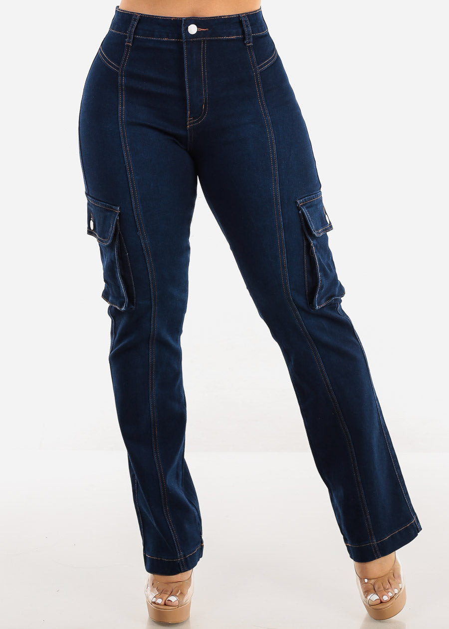 Butt Lift High Waist Straight Cargo Jeans Dark Blue