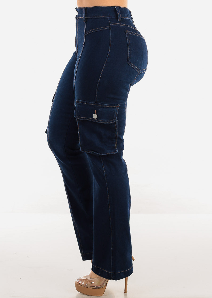 Butt Lift High Waist Straight Cargo Jeans Dark Blue