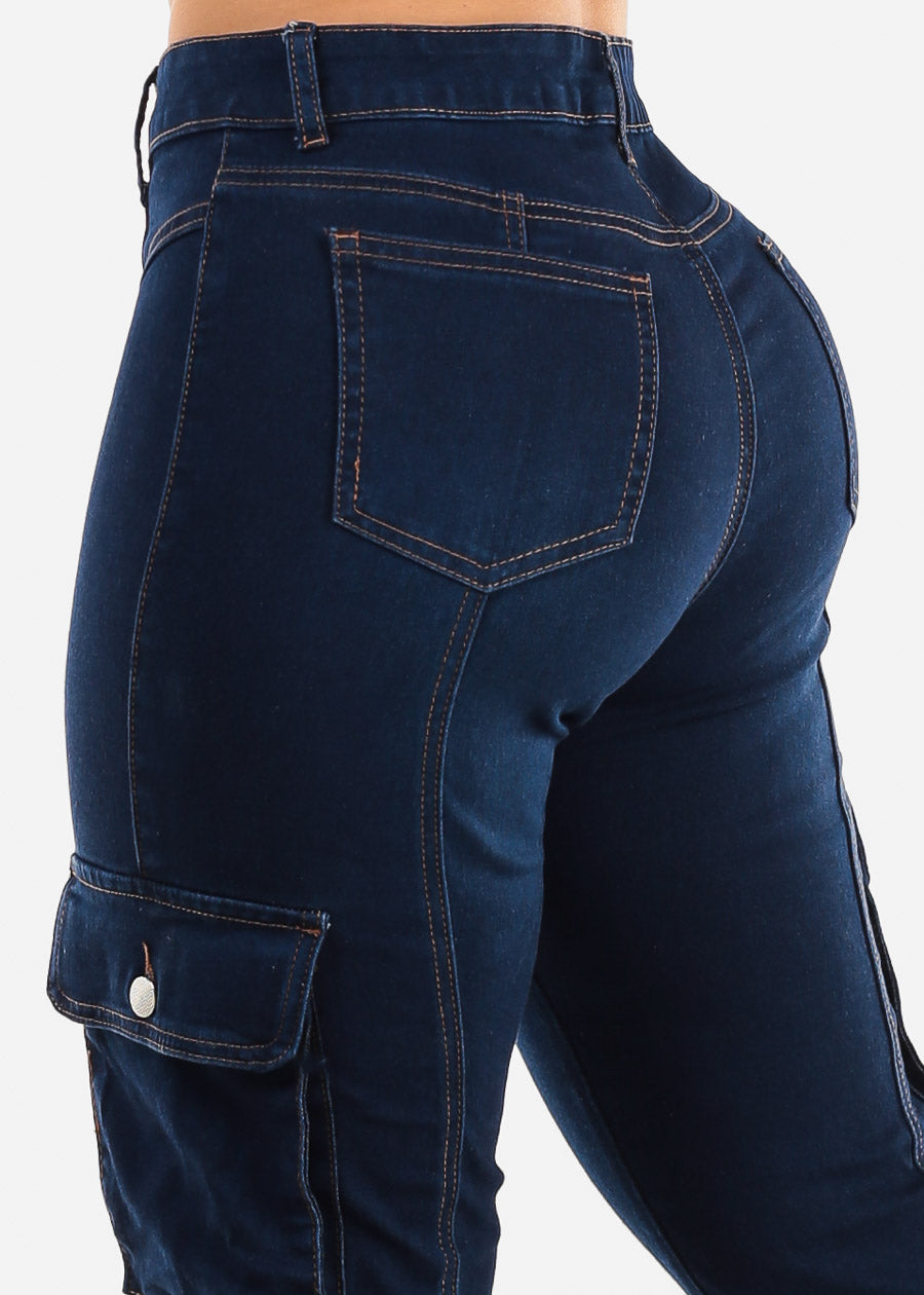 Butt Lift High Waist Straight Cargo Jeans Dark Blue