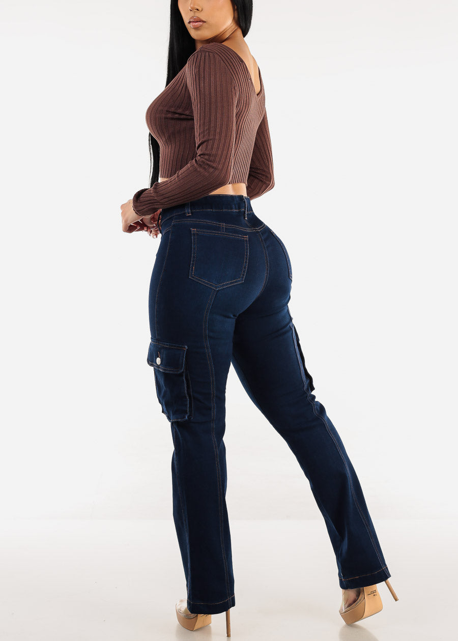 Butt Lift High Waist Straight Cargo Jeans Dark Blue