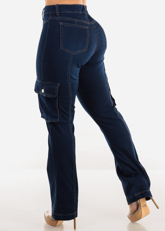 Butt Lift High Waist Straight Cargo Jeans Dark Blue