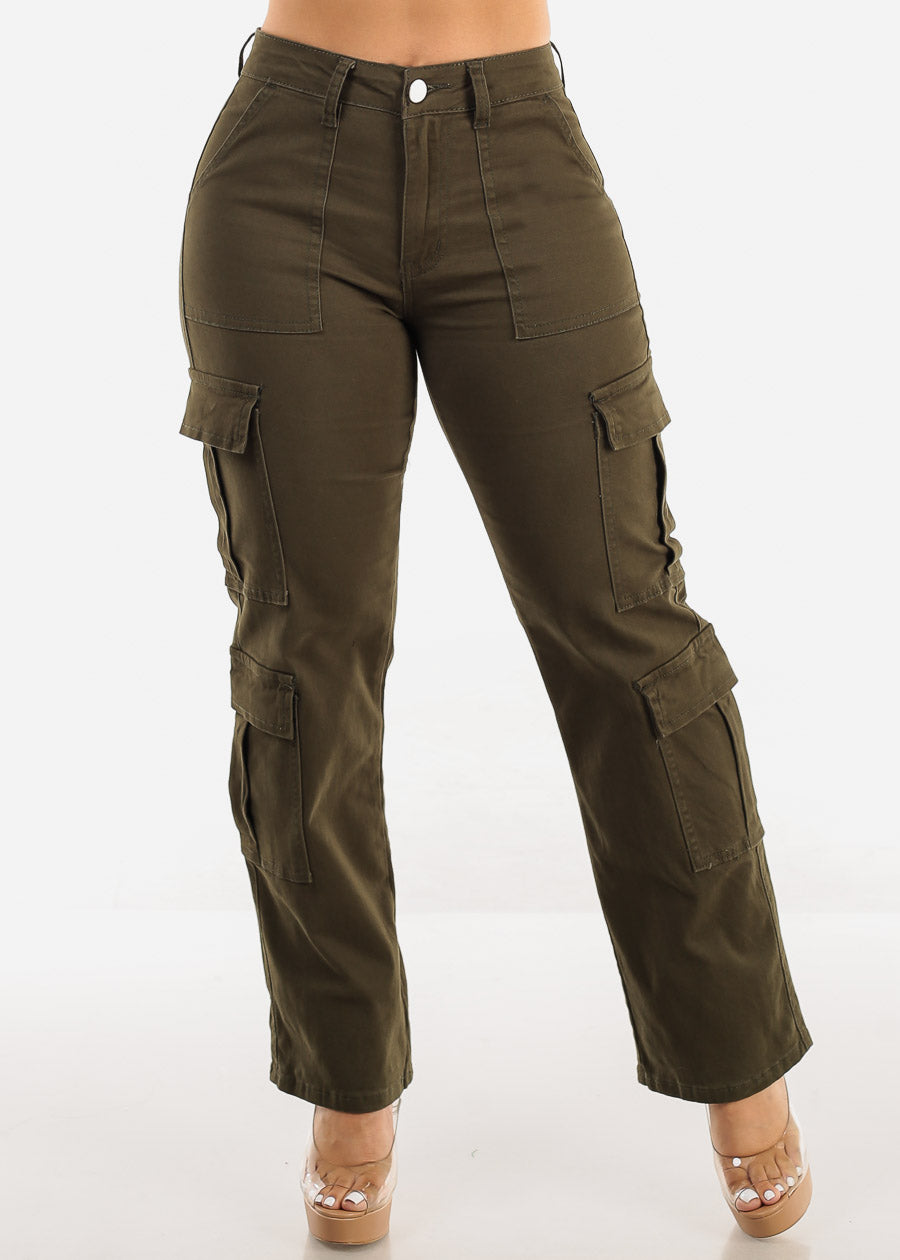 Butt Lift Mid Rise Straight Wide Leg Cargo Pants Olive