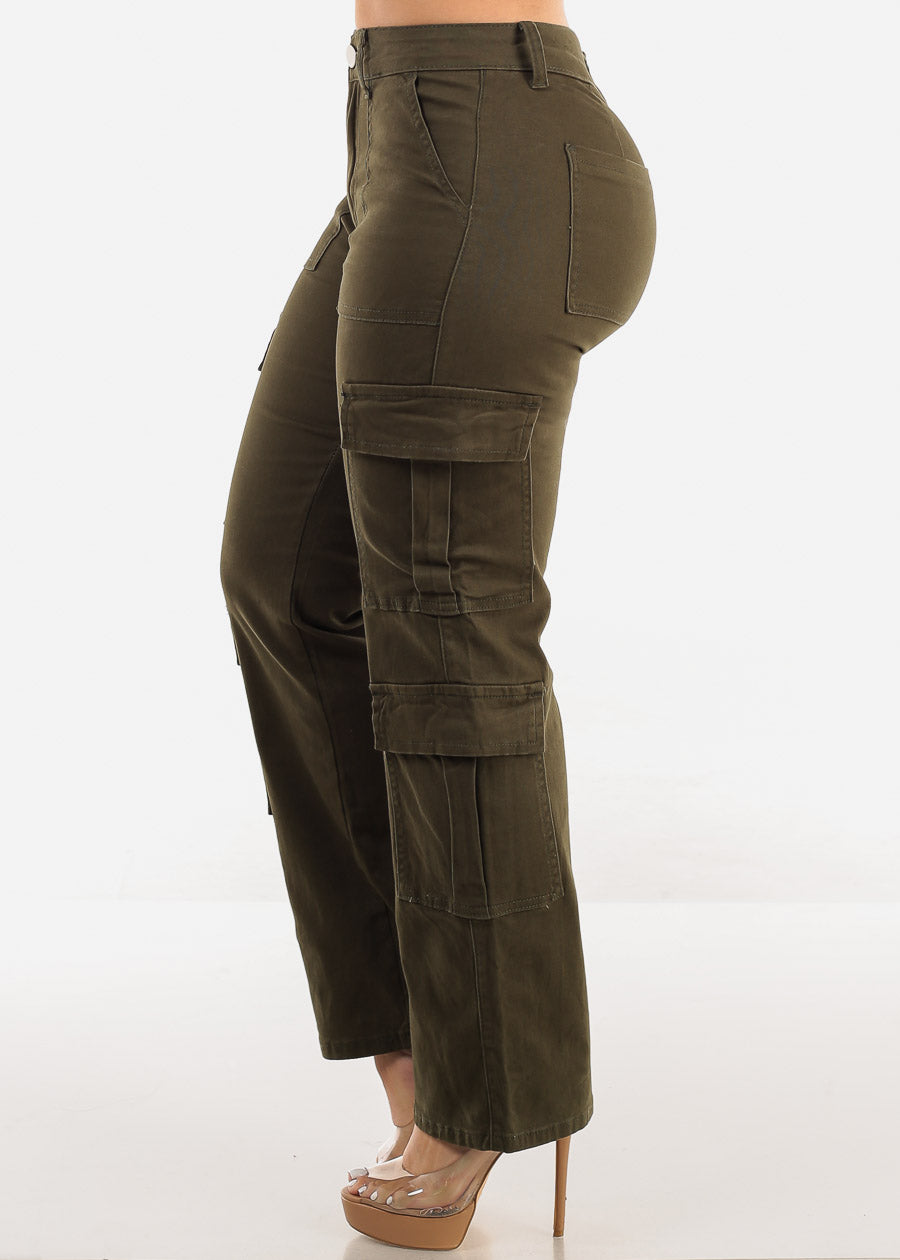 Butt Lift Mid Rise Straight Wide Leg Cargo Pants Olive