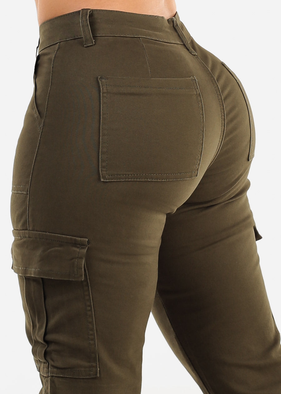 Butt Lift Mid Rise Straight Wide Leg Cargo Pants Olive