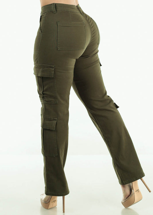 Butt Lift Mid Rise Straight Wide Leg Cargo Pants Olive