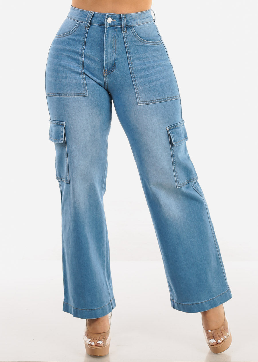 Butt Lift Straight Wide Leg Cargo Jeans Light Blue