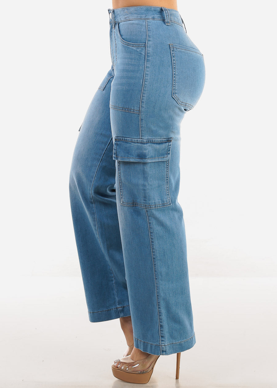 Butt Lift Straight Wide Leg Cargo Jeans Light Blue