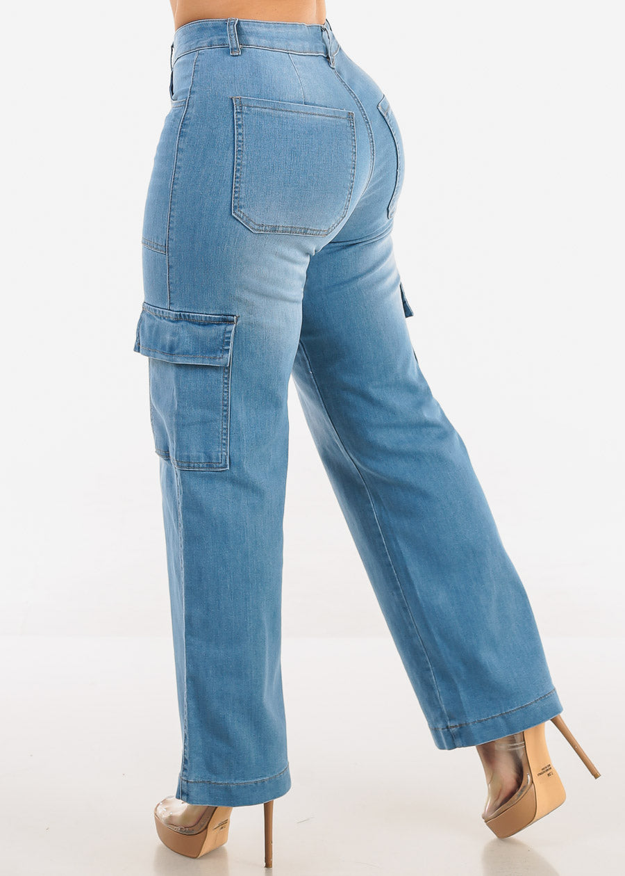 Butt Lift Straight Wide Leg Cargo Jeans Light Blue