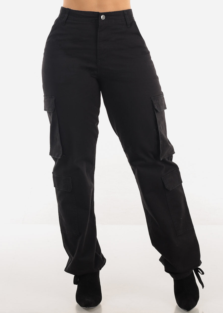 Super High Waist Straight Wide Leg Cargo Jeans Black