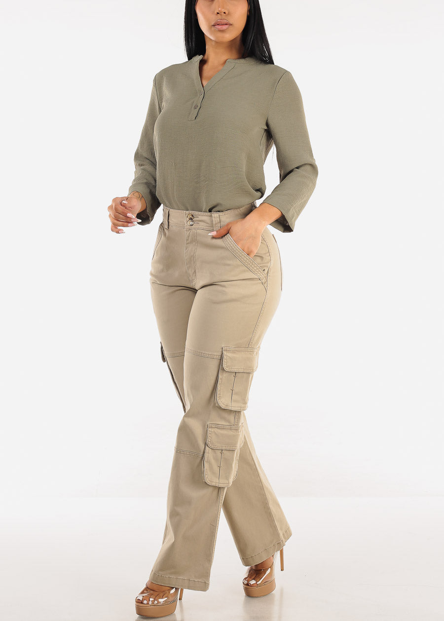 Butt Lift Straight Wide Leg Cargo Jeans Khaki