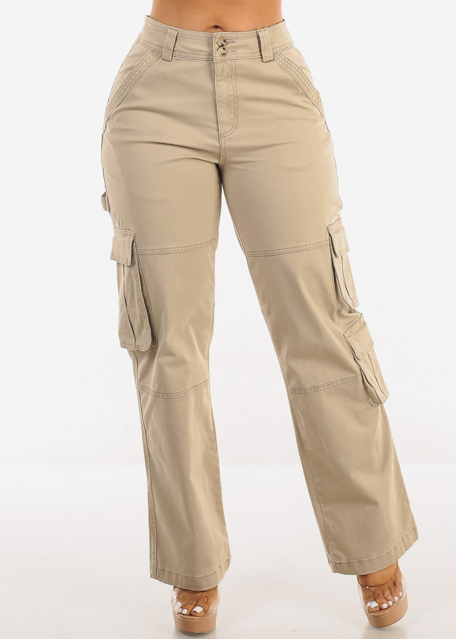 Butt Lift Straight Wide Leg Cargo Jeans Khaki