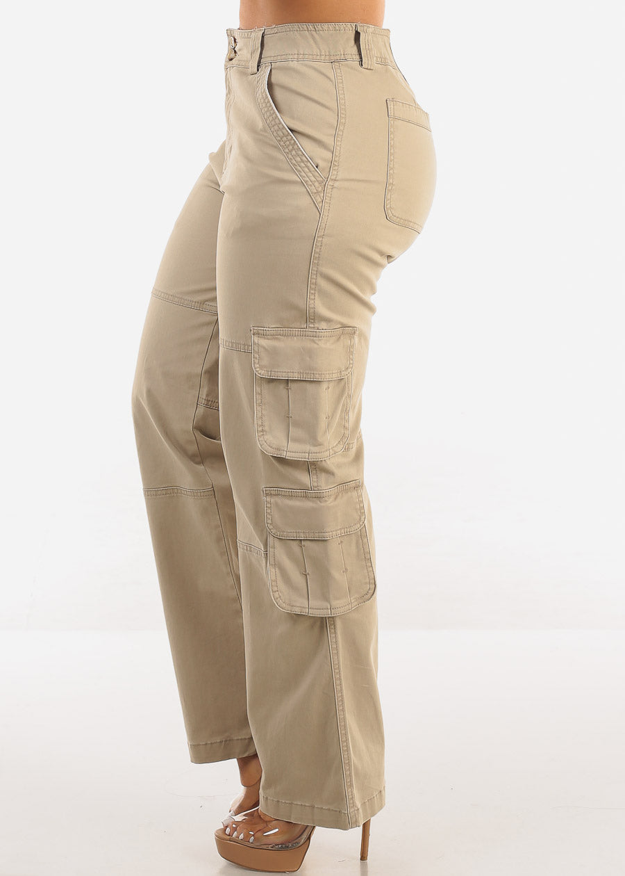 Butt Lift Straight Wide Leg Cargo Jeans Khaki