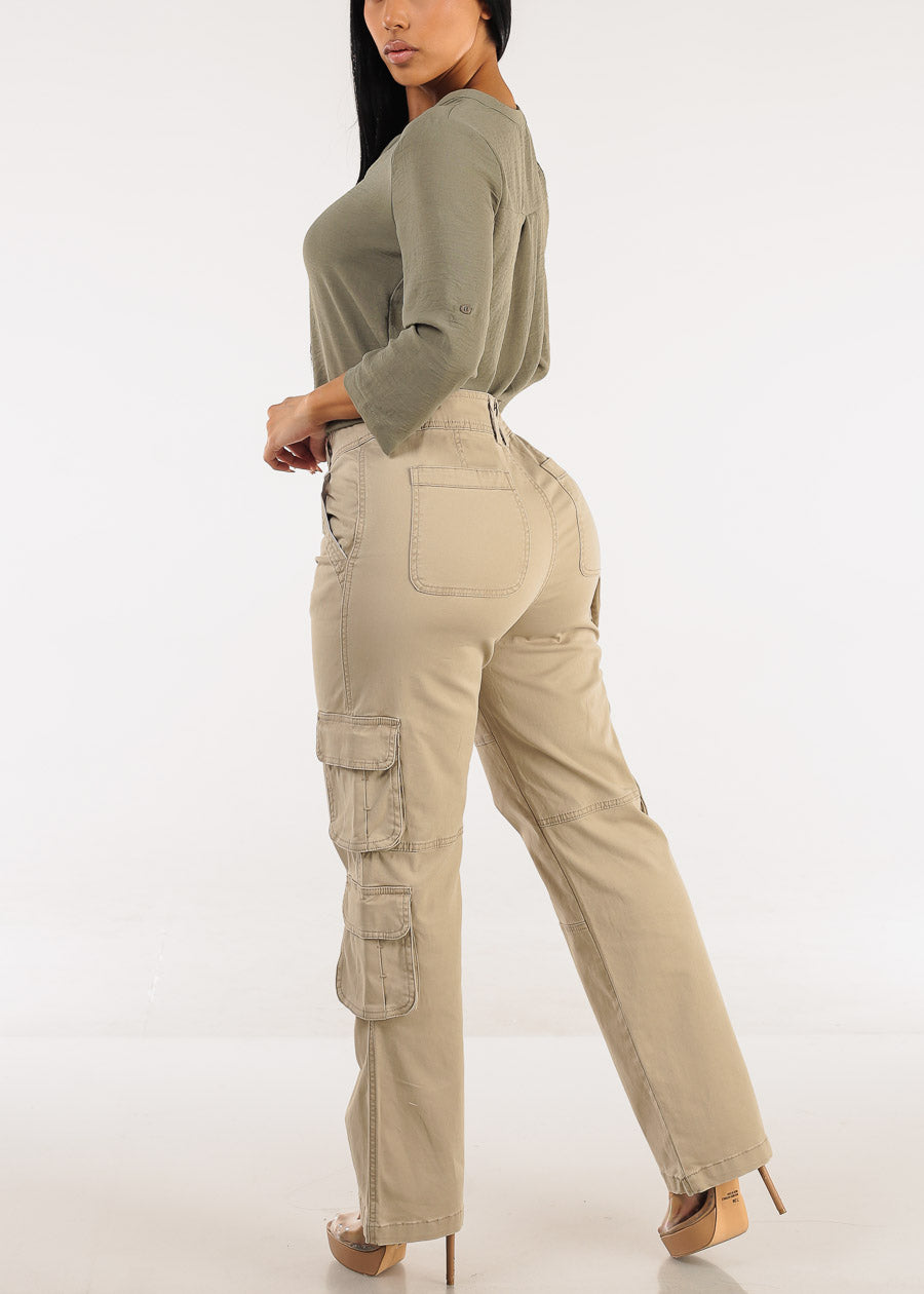 Butt Lift Straight Wide Leg Cargo Jeans Khaki