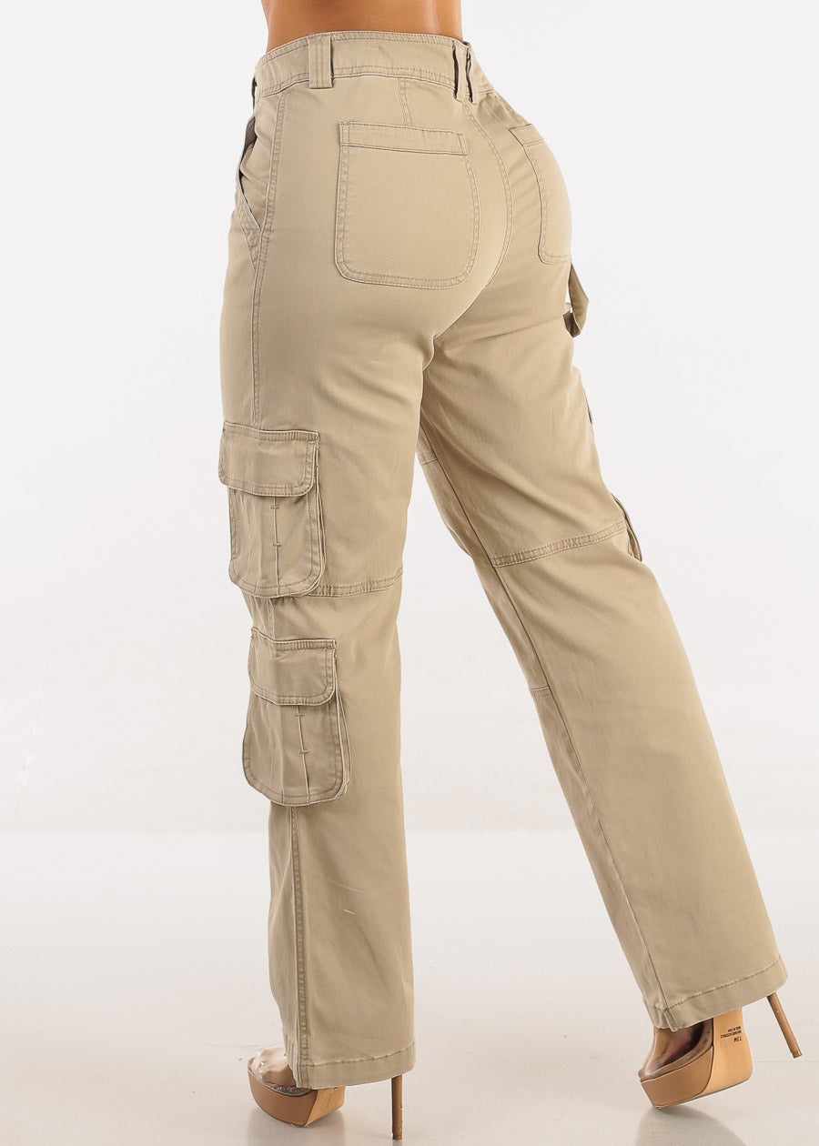 Butt Lift Straight Wide Leg Cargo Jeans Khaki