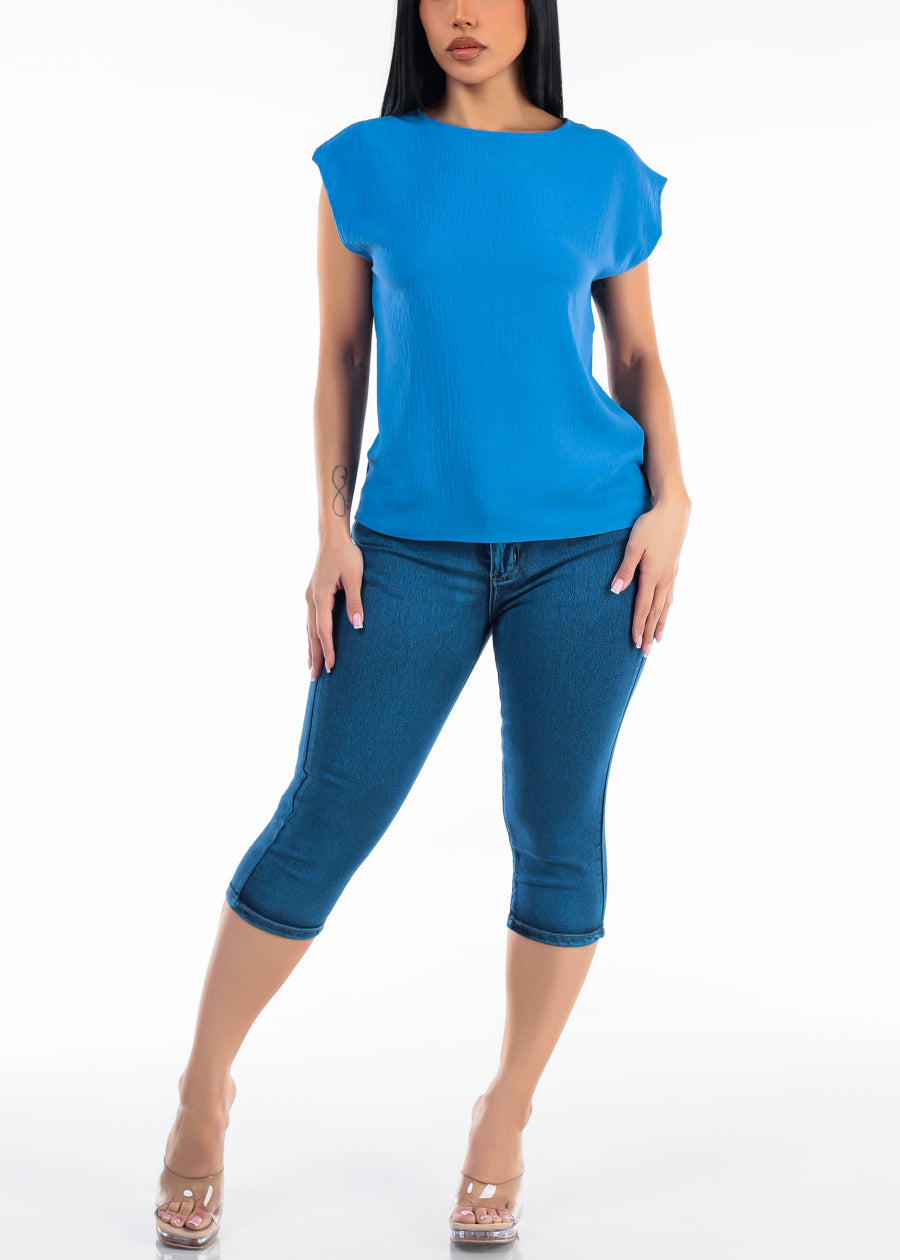Cap Sleeve Crewneck Lightweight Blouse Blue