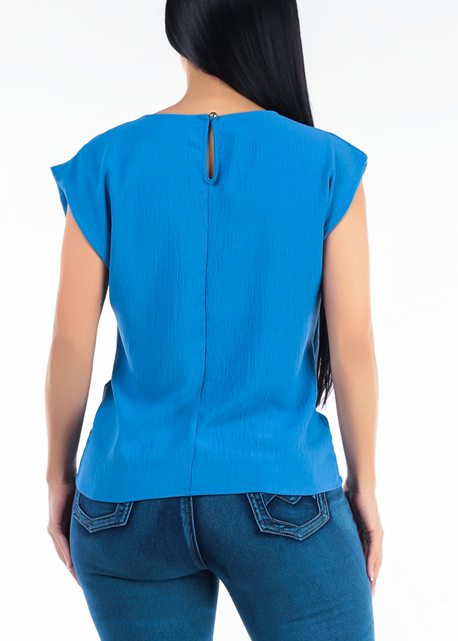 Cap Sleeve Crewneck Lightweight Blouse Blue