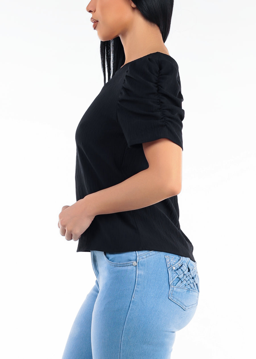 Short Puff Sleeve Round Neck Lightweight Blouse Black