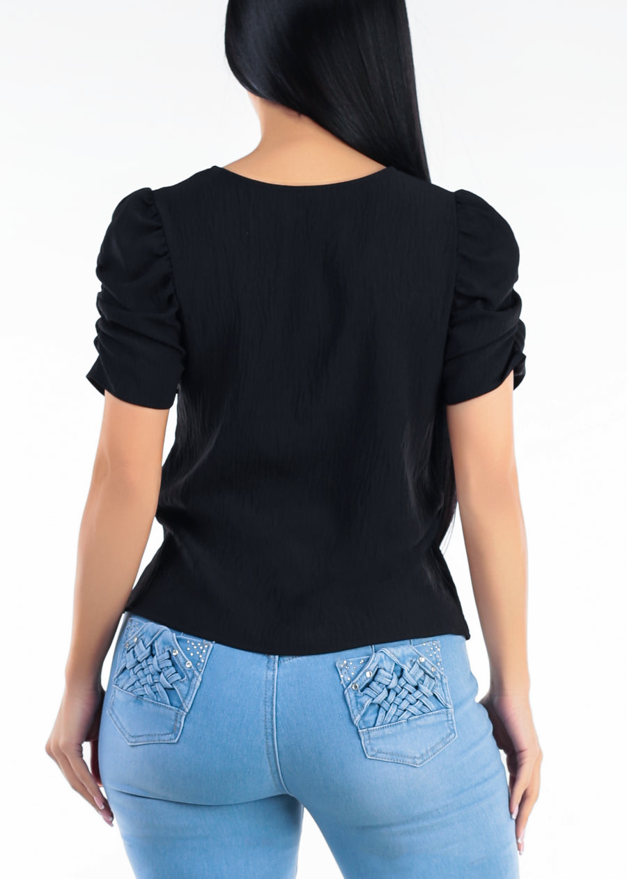 Short Puff Sleeve Round Neck Lightweight Blouse Black