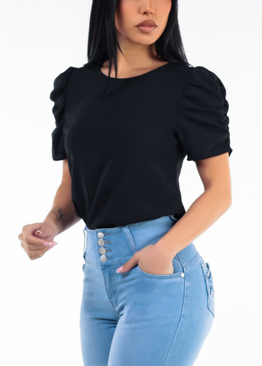 Short Puff Sleeve Round Neck Lightweight Blouse Black