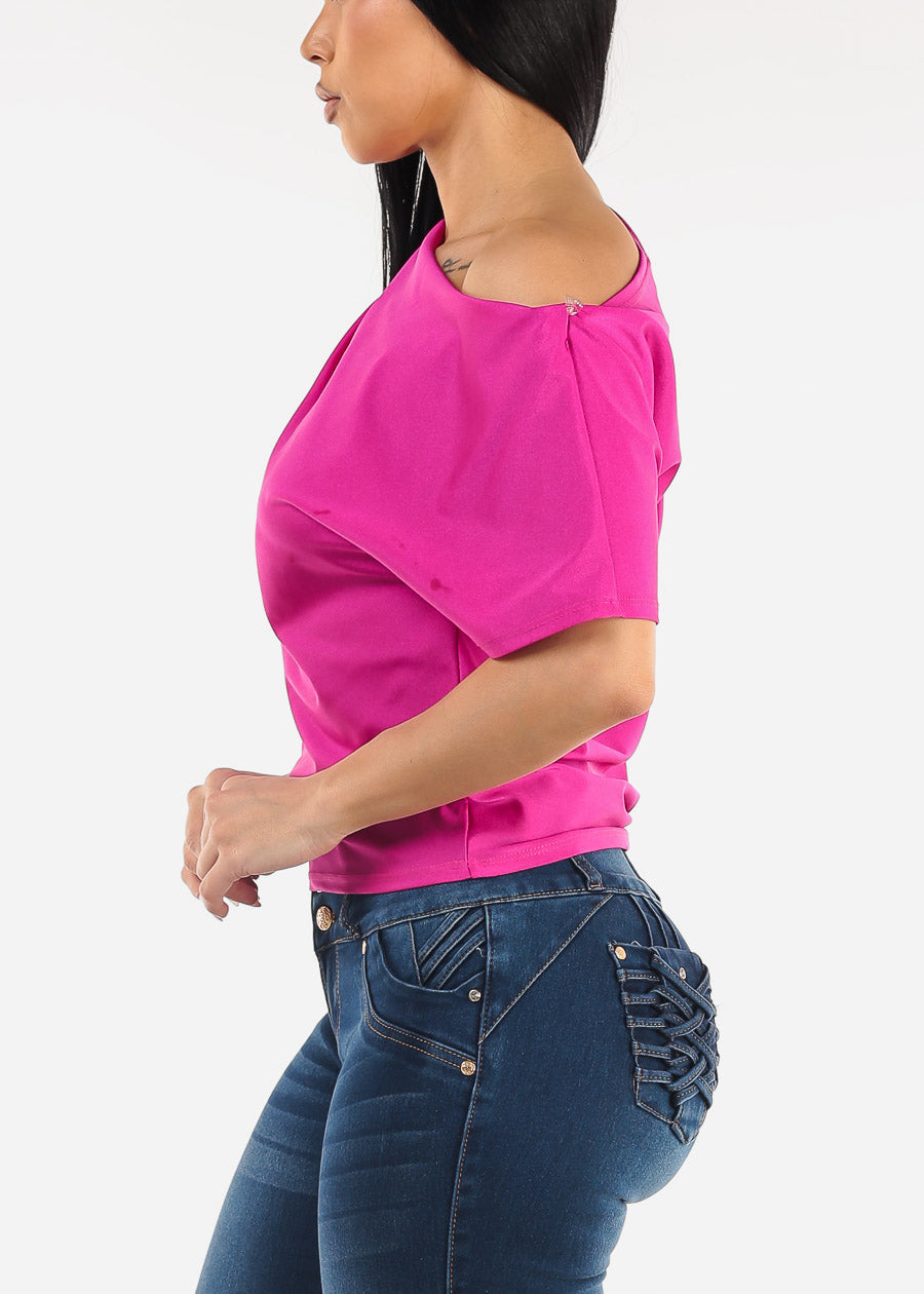 Asymmetrical Neckline Pleated Satin Blouse Fuchsia