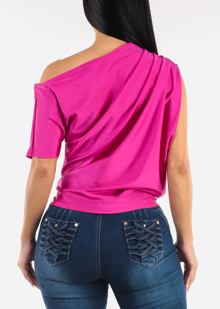 Asymmetrical Neckline Pleated Satin Blouse Fuchsia