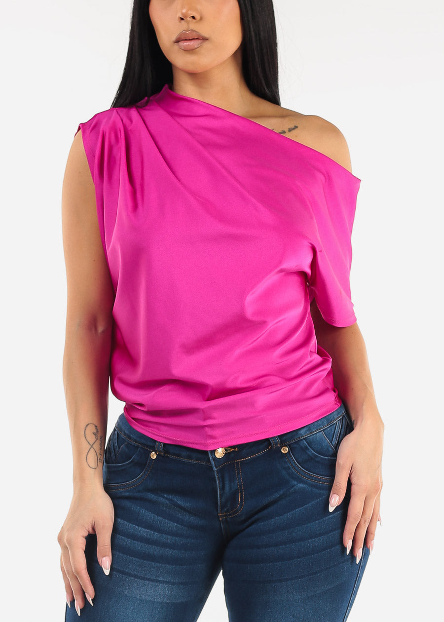 Asymmetrical Neckline Pleated Satin Blouse Fuchsia