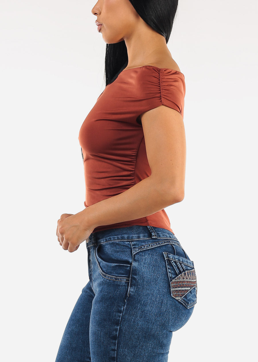 Sleeveless Asymmetrical Neckline Ruched Blouse Rust