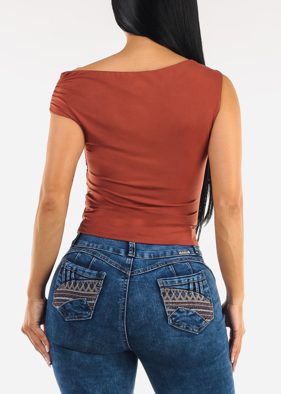 Sleeveless Asymmetrical Neckline Ruched Blouse Rust