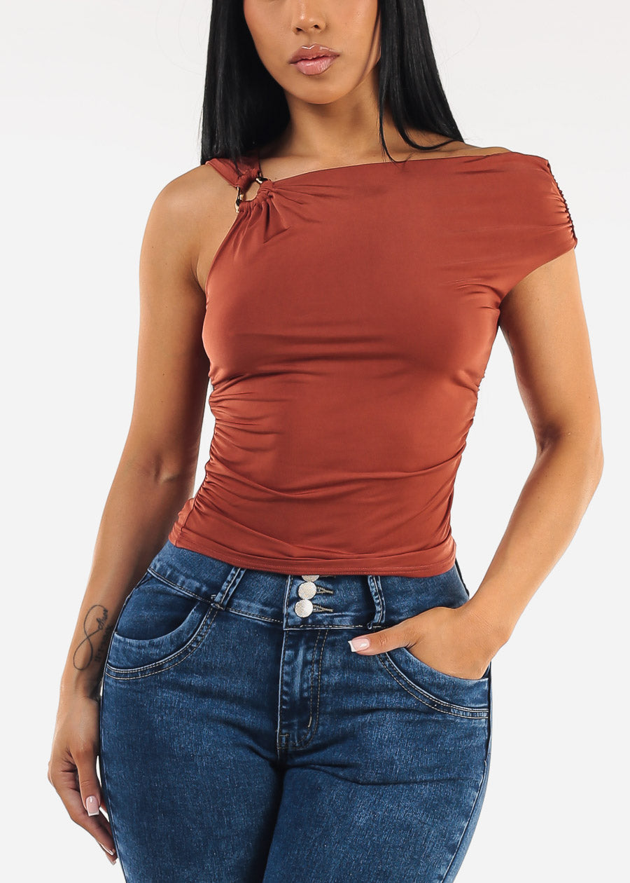 Sleeveless Asymmetrical Neckline Ruched Blouse Rust