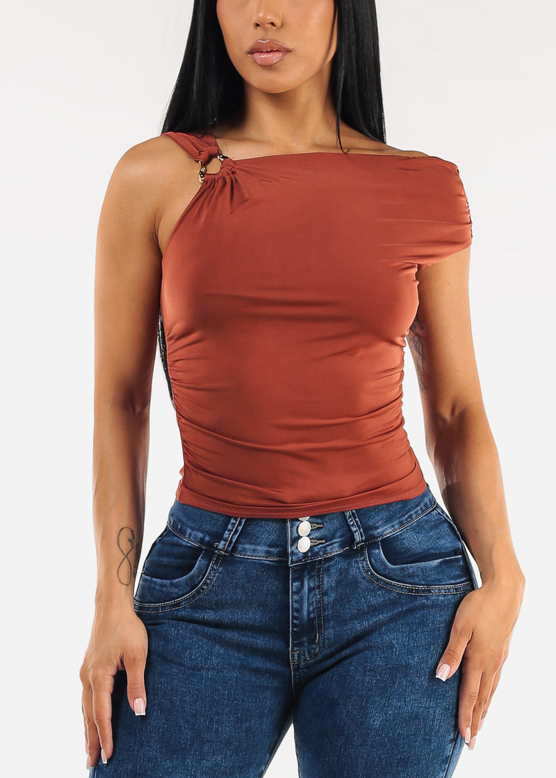 Sleeveless Asymmetrical Neckline Ruched Blouse Rust