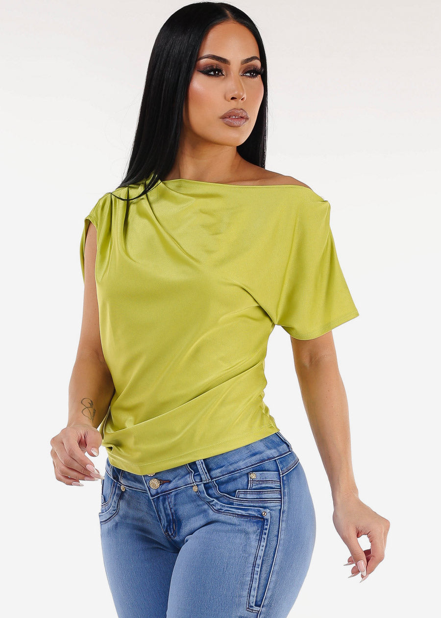 Asymmetrical Neckline Pleated Satin Blouse Lime