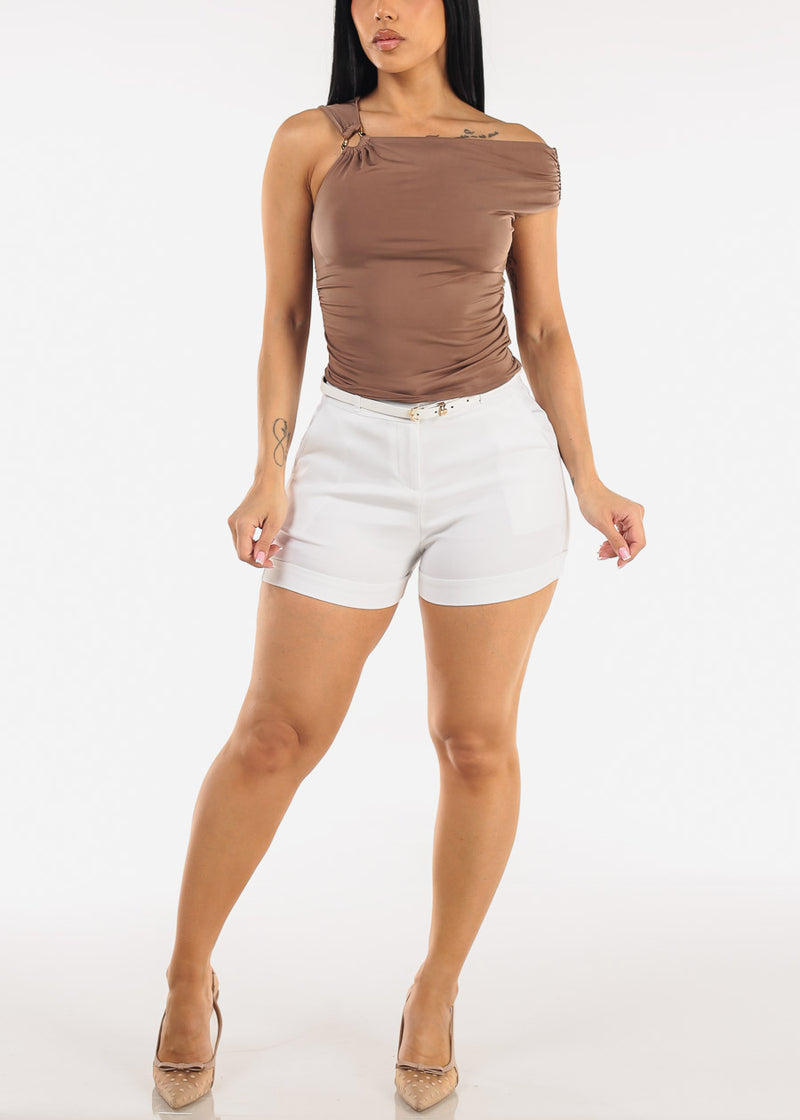 Sleeveless Asymmetrical Neckline Ruched Blouse Mocha