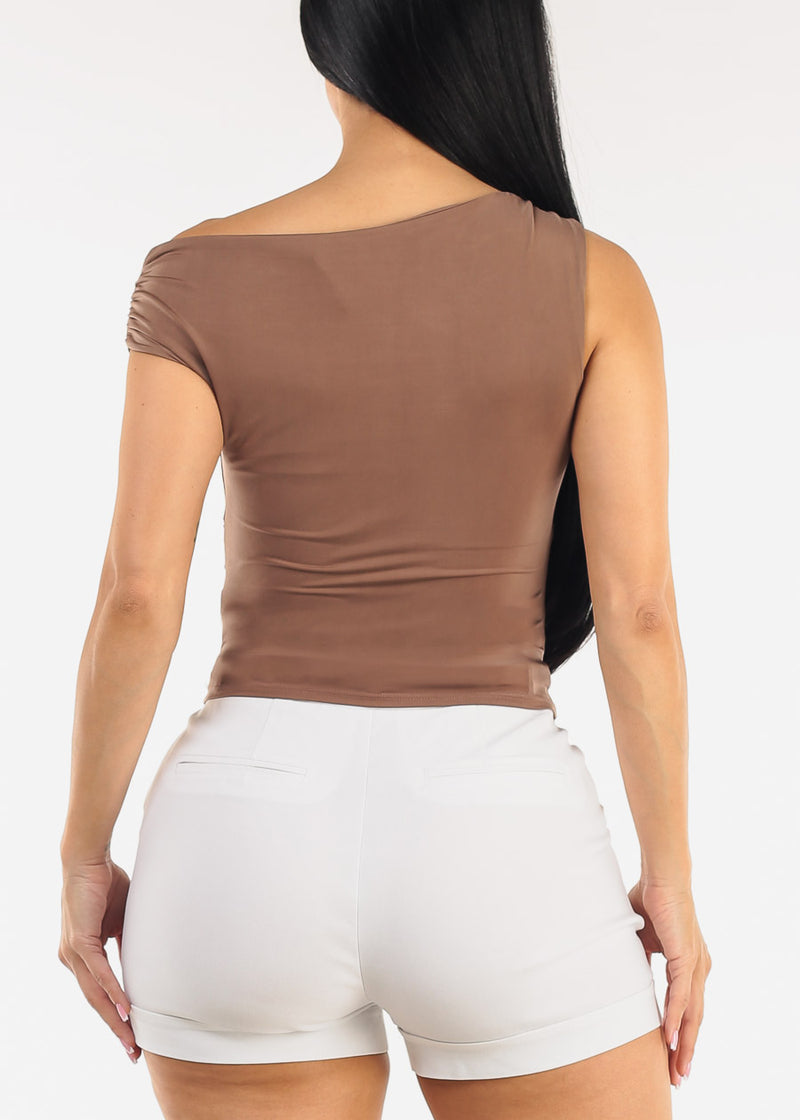 Sleeveless Asymmetrical Neckline Ruched Blouse Mocha