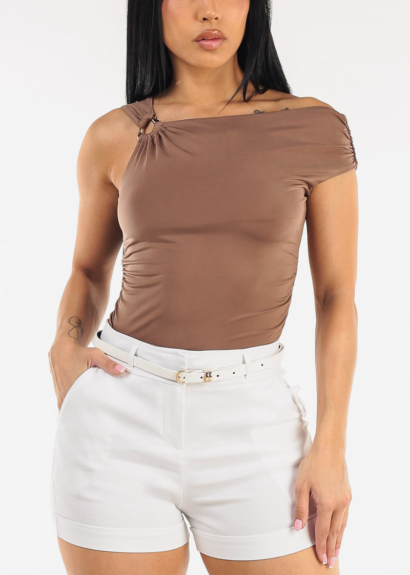 Sleeveless Asymmetrical Neckline Ruched Blouse Mocha