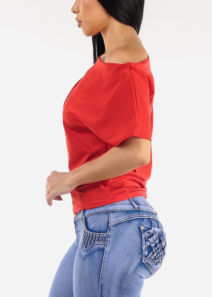 Asymmetrical Neckline Pleated Satin Blouse Red