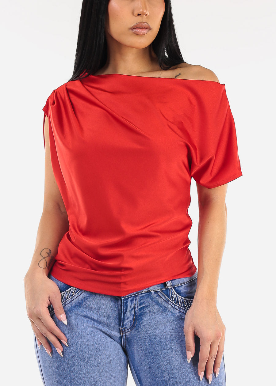 Asymmetrical Neckline Pleated Satin Blouse Red