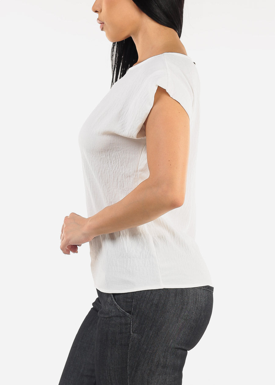 Cap Sleeve White Crewneck Blouse