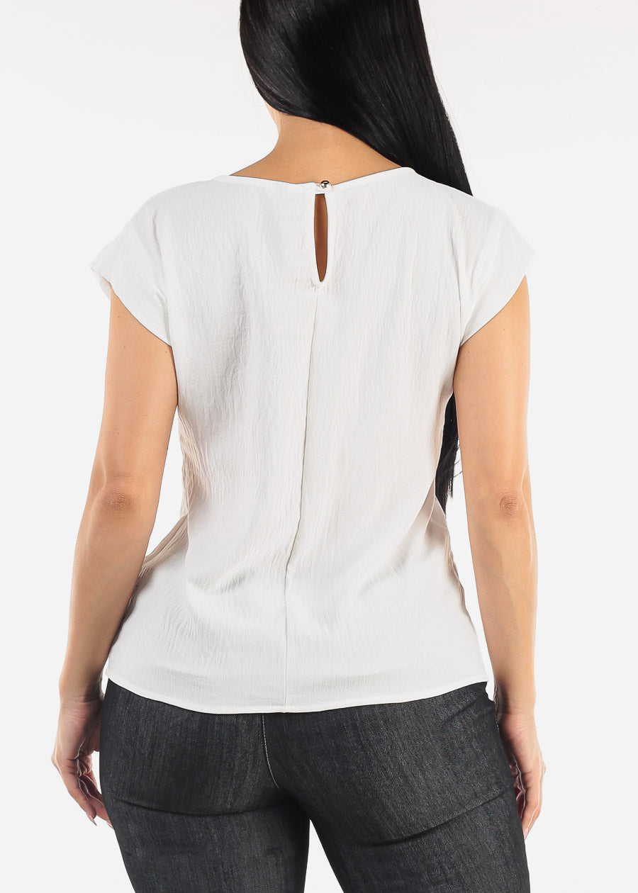 Cap Sleeve White Crewneck Blouse