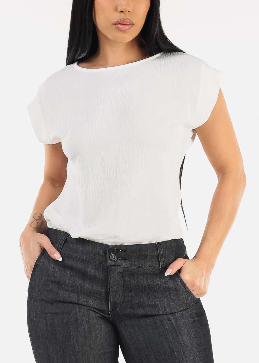 Cap Sleeve White Crewneck Blouse