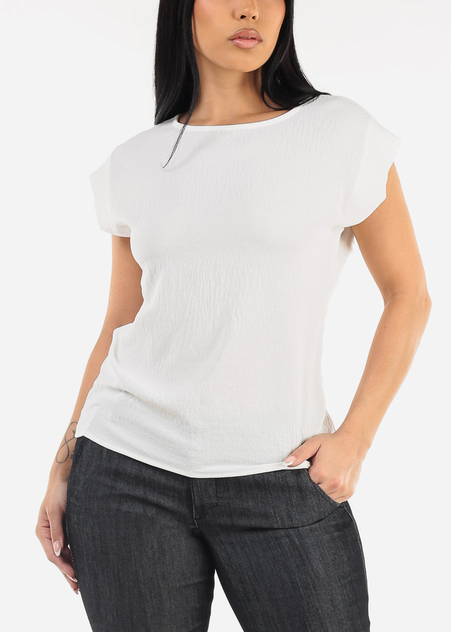 Cap Sleeve White Crewneck Blouse