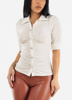 White Quarter Sleeve Ruched Collared Blouse