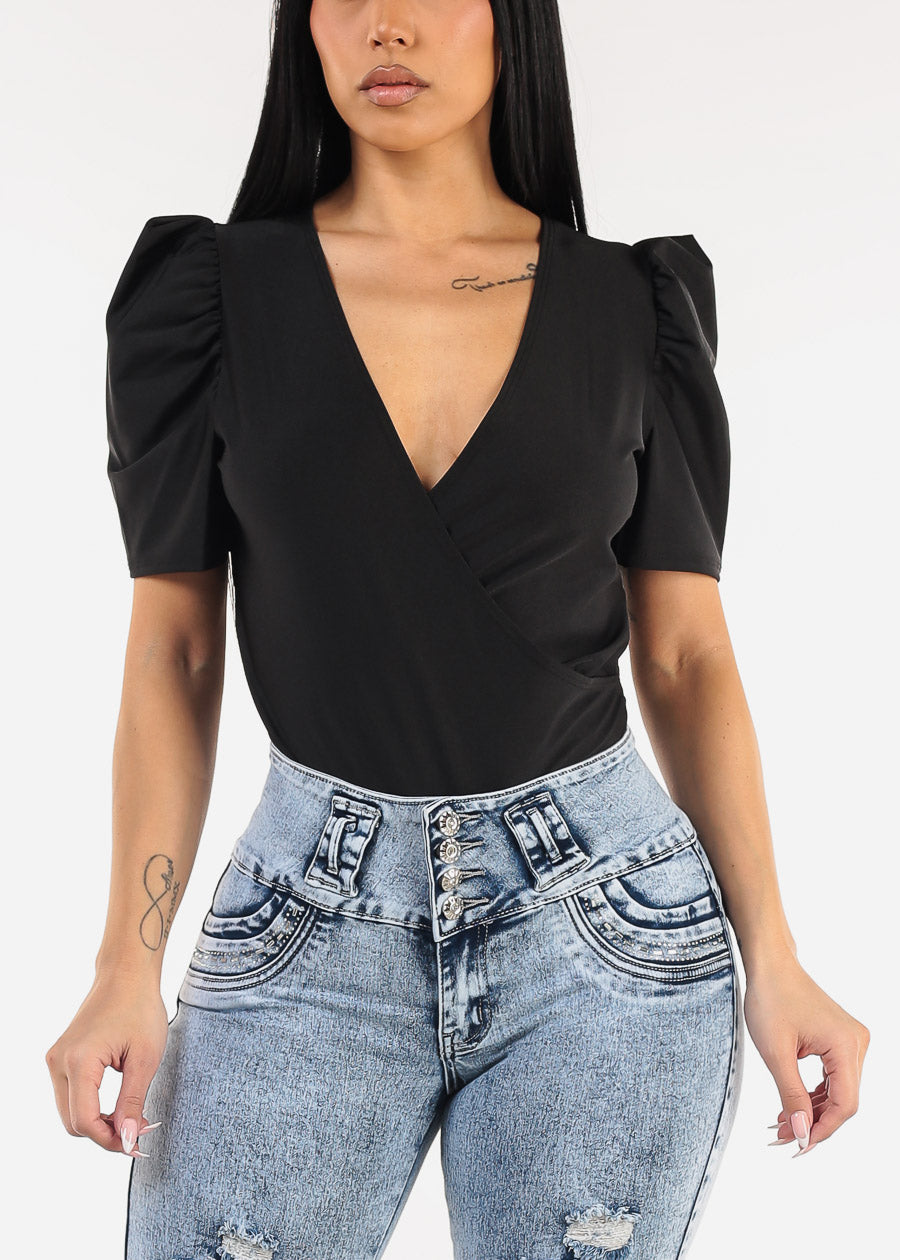 Black Short Puff Sleeve Surplice Satin Bodysuit