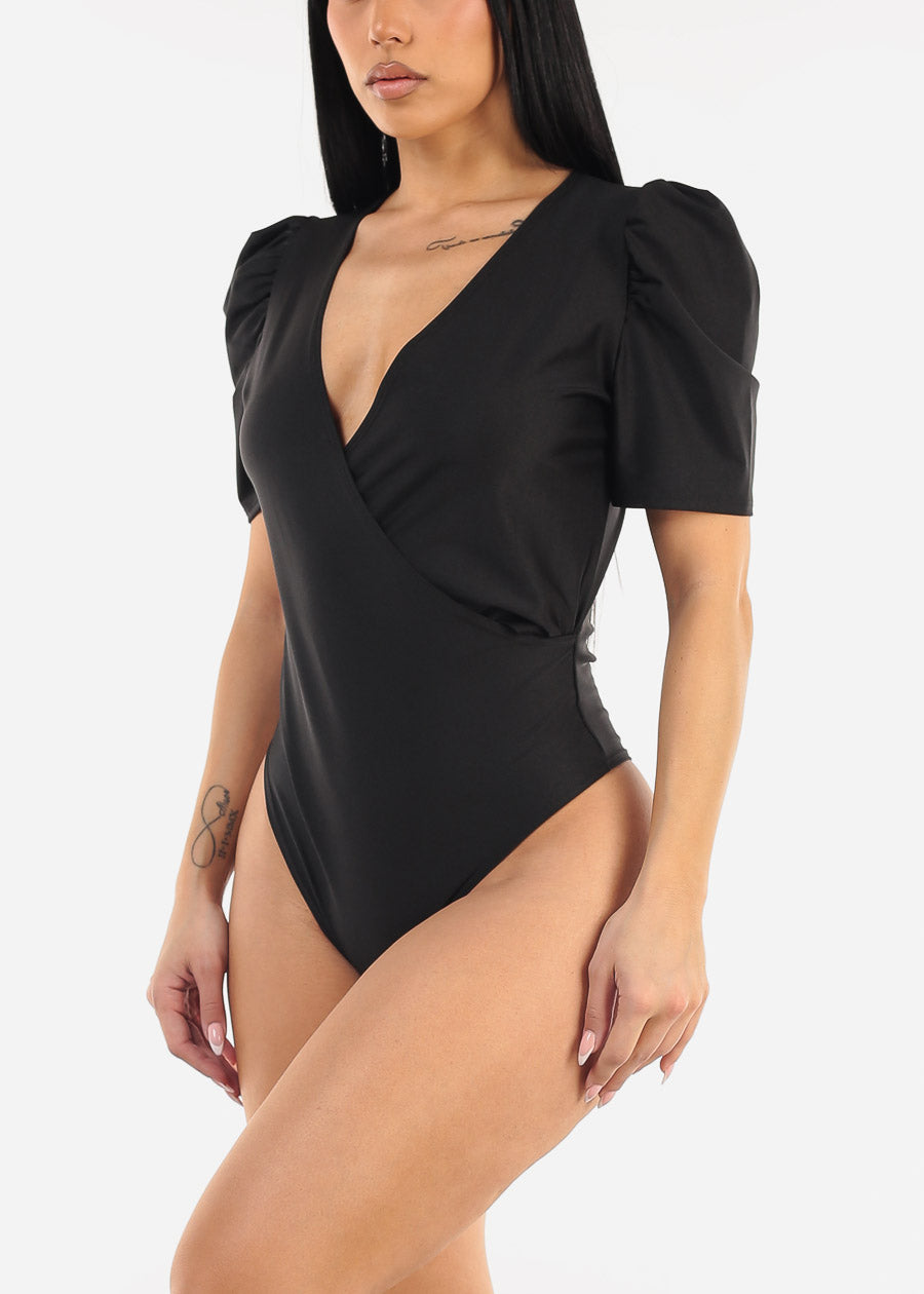 Black Short Puff Sleeve Surplice Satin Bodysuit