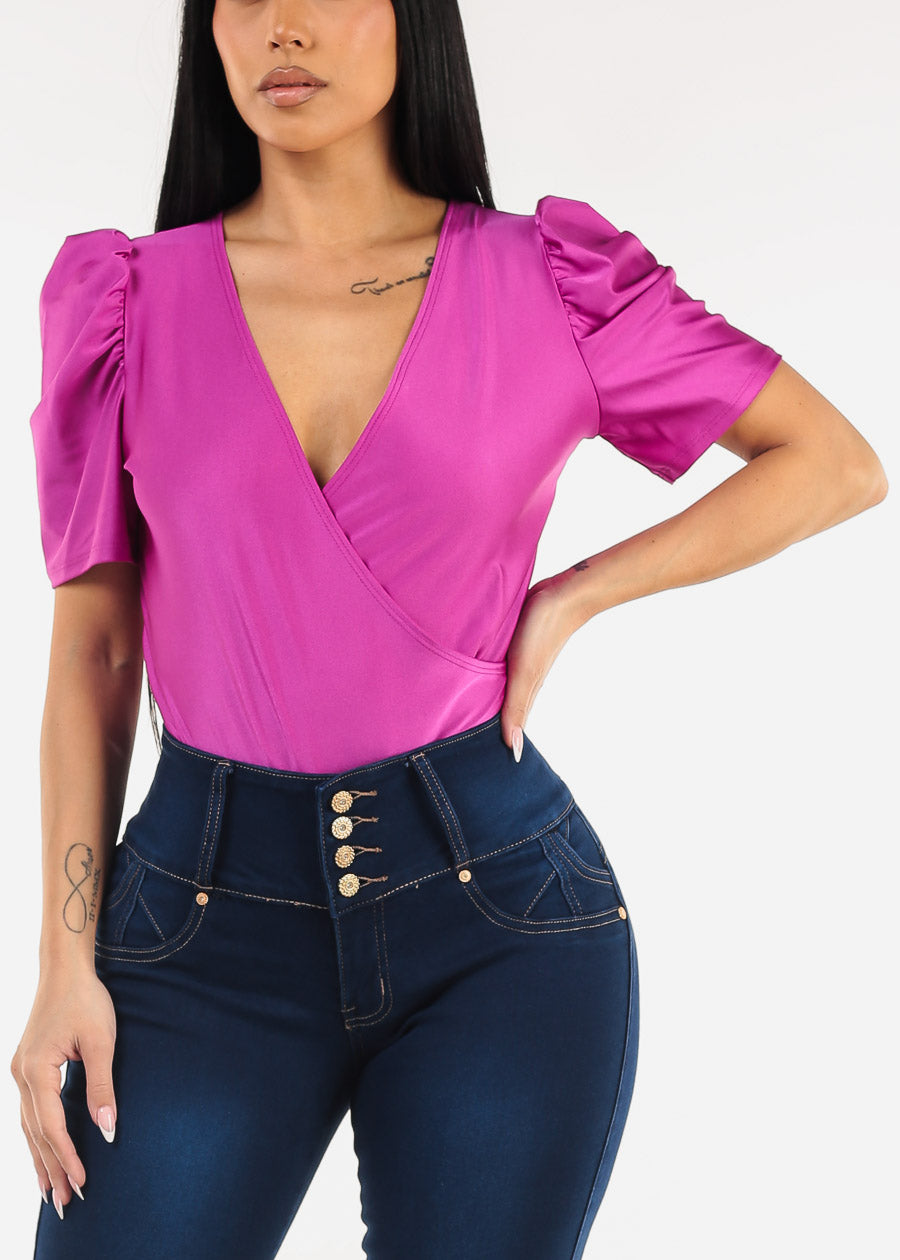 Short Puff Sleeve Surplice Satin Bodysuit Purple