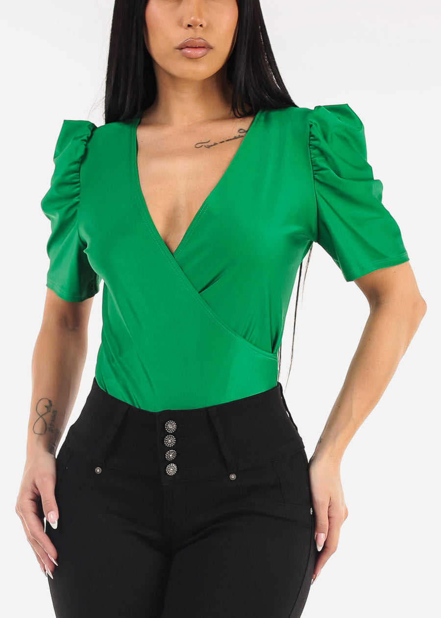 Short Puff Sleeve Surplice Satin Bodysuit Green