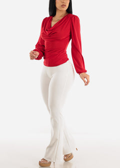 Long Sleeve Cowl Neck Dressy Blouse Red