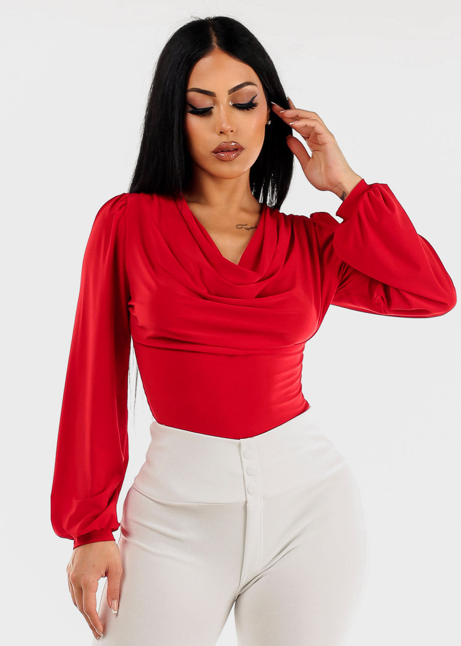 Long Sleeve Cowl Neck Dressy Blouse Red