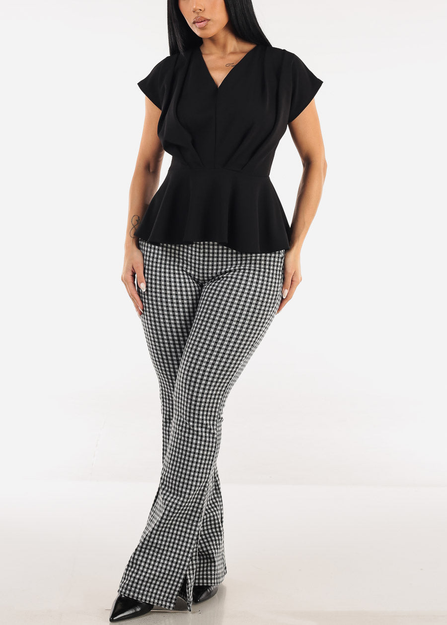 Short Sleeve Pleated Peplum Blouse Black