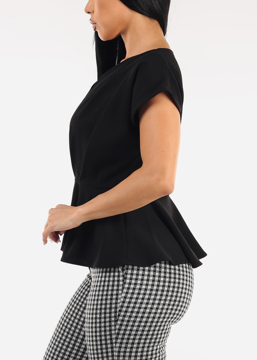 Short Sleeve Pleated Peplum Blouse Black